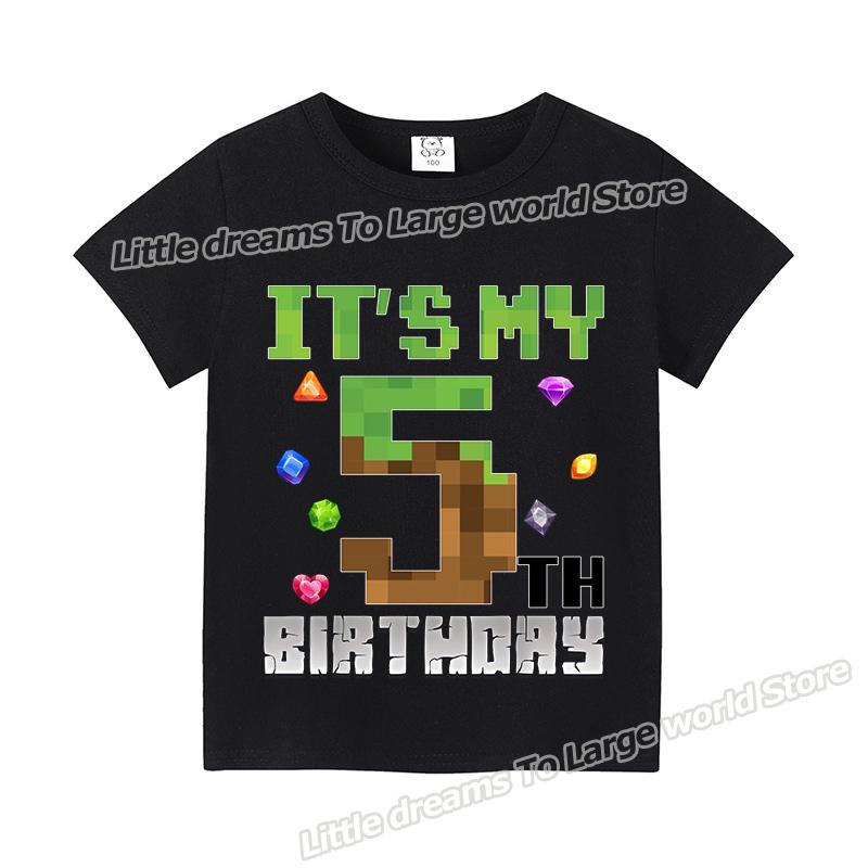 Miner Crafting Number T-shirt Pixels 1-9 Birthday Party Supplies Short Sleeve Tee Boys Girls Summer Clothing Simple Base Tshirt