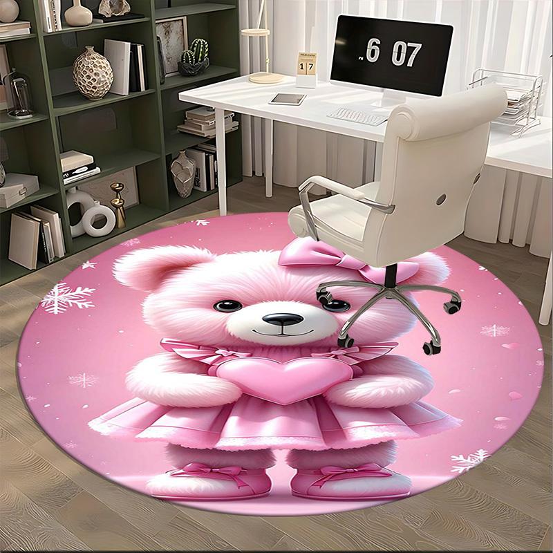 1pc Pink Teddy Bear with Heart Round Carpet - Anime Design, Office Chair Mat, Non-Slip Rug, Seasonal Gift, Suitable for Home Decor, Office Use, Living