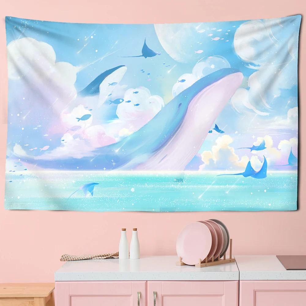 Whale Pattern Hanging Cloth Cartoon Pink Purple Cloud Room Tapestry Home Decoration Bedroom Wall Background Cloth
