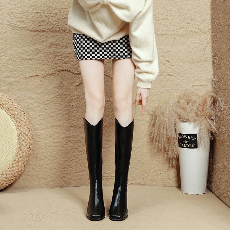 High-heeled Boots Women's 2025 New Autumn and Winter Thin But Knee Boots Thick Heel Brown V-mouth Square Head High Boots