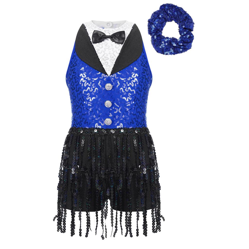 Meisjes Glanzende Pailletten Leotard Jurk Keyhole Achterkant Kwastjes Mouwloos Latijnse Jazz Hoofddeksel Set