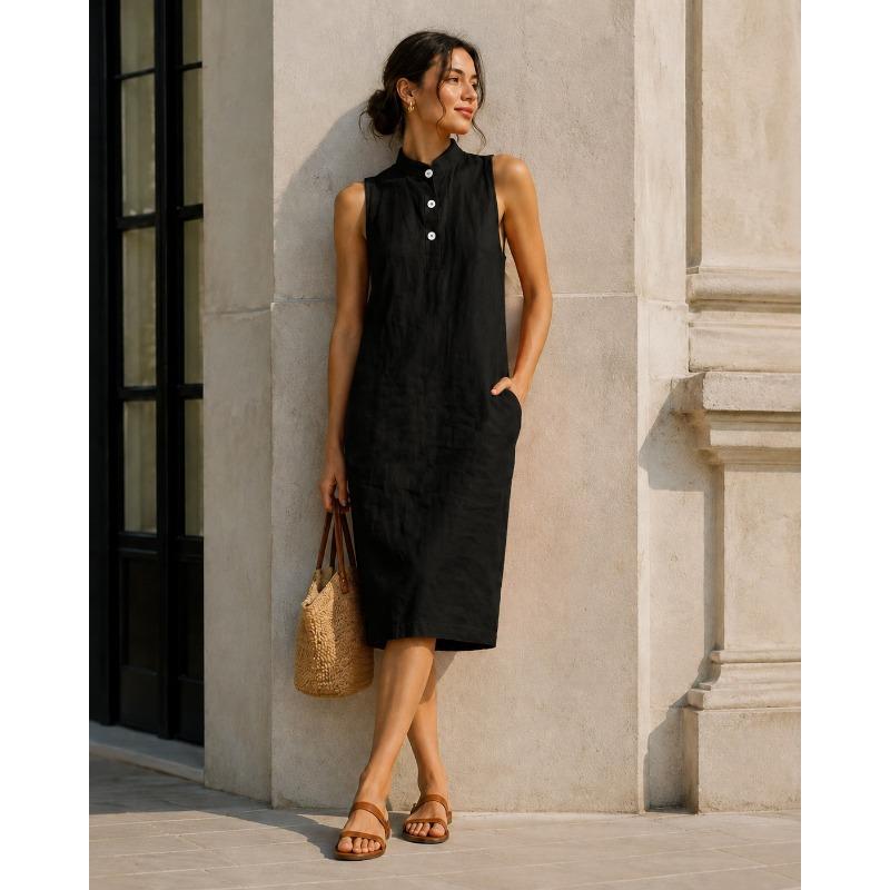 Women Stand Collar Half Button Sleeveless Linen Midi Dress With Side Pockets S чёрный