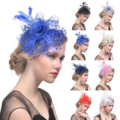 Mesh Flowers Feathers Hat Organza with Hair Clip Fascinators Hat Hair Accessories Feathers Hair Clip for Girls and Women