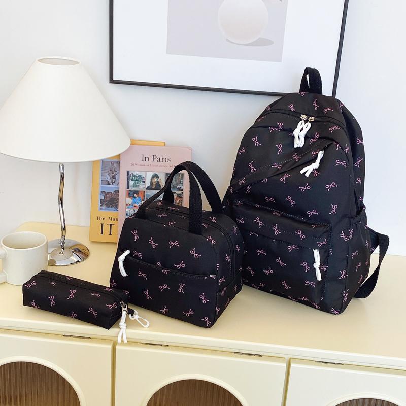 Chic Bow Accent Backpack Set 3Pcs Handbag&Pencil Bag Contrast Stitching Multi Pocket Women's Coordinated Set for Campus Commute