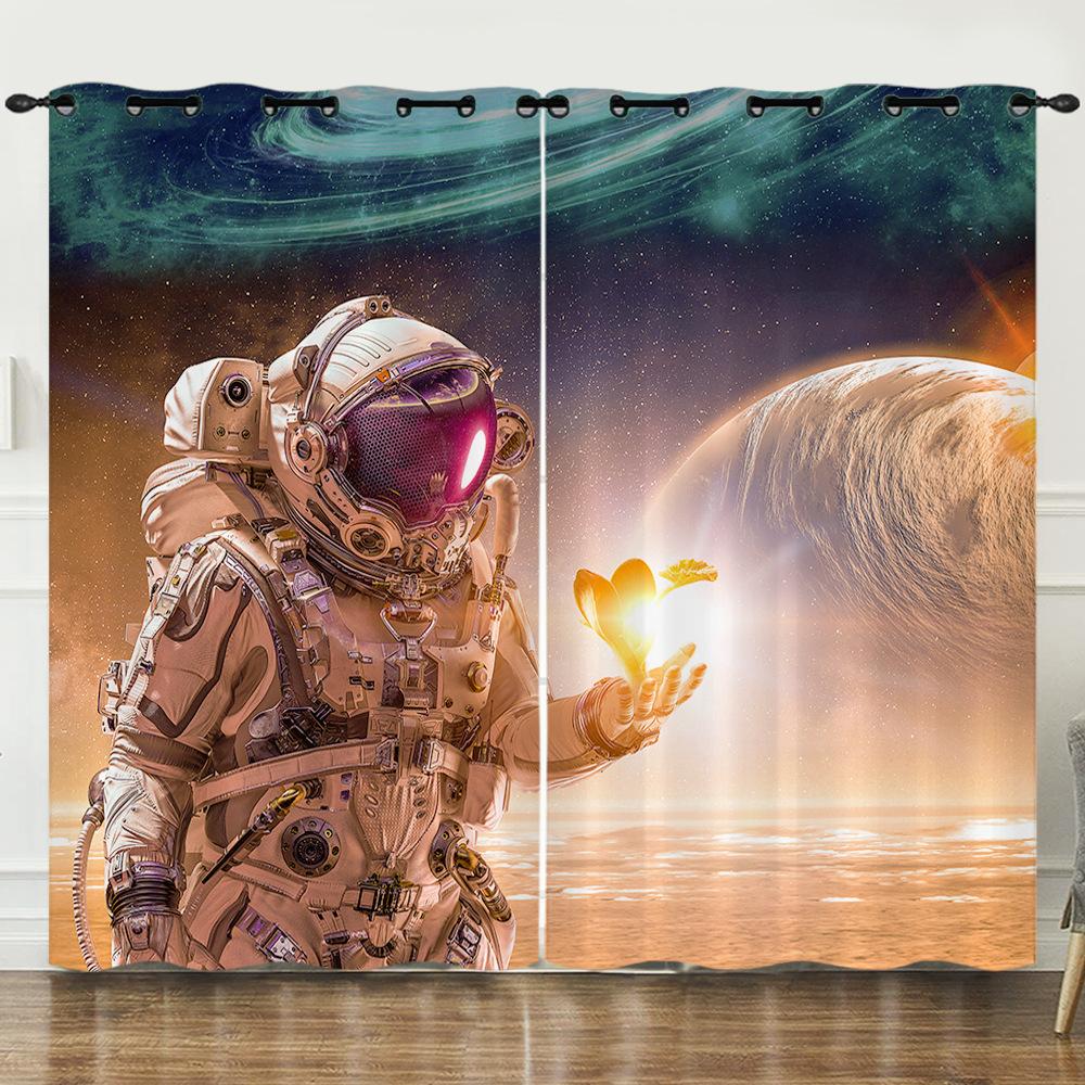 Curtains Starry Sky Astronaut Digital Printed Curtains Blackout Punched Bedroom
