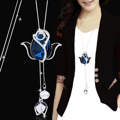 Korean Blue Rose Sweater Chain - Elegant & Trendy Long Necklace for Women