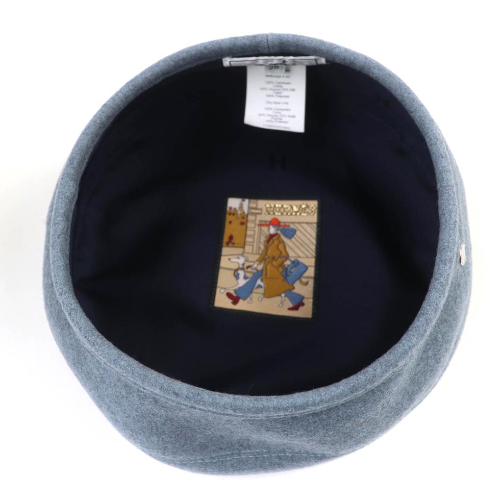 Excellent HERMES Beret Saint Honor Serie Metal Lining HPattern Hat Blue Gray Cashmere 58 Used