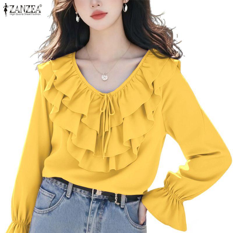 ZANZEA Dámská volná ležérní halenka s volánky, výstřihem do V a dlouhým rukávem