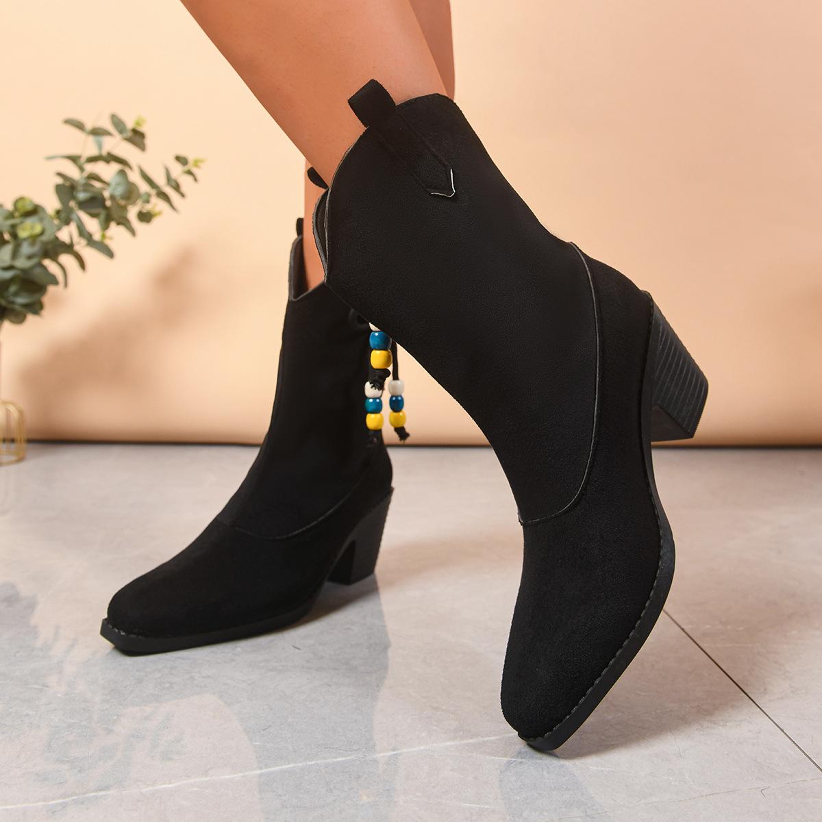 

Зима 2025 Остроносые Ботильоны на Среднем Каблуке Новые Большого Размера на Толстом Каблуке с Бантом и Бусинами Женские Ботильоны 43