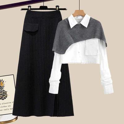 Plus Size Women's Autumn Set Loose Shawl Shirt High Waist Knitted Skirt Three-piece Set