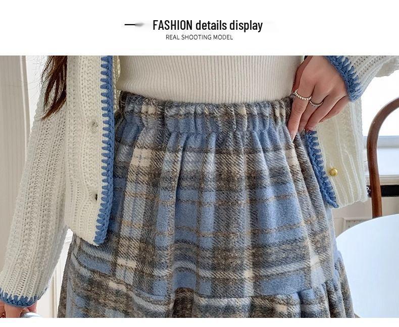 Japanese Korean Style High-Waisted Wool Plaid Pleated Skirt for Women - Mid-Length, Autumn/Winter 2026