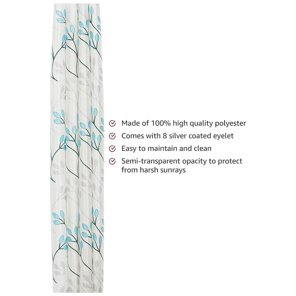 Pack of 2 Polyester Leaf Print Window Curtain Regular Print 135 GSM , White & Blue