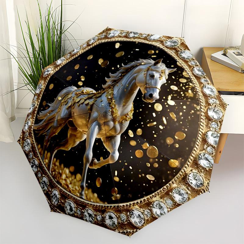 1pc Golden Horse Open/Close Folding Umbrella, All- Portable Umbrella for & Men, Stylish Accessory (Holiday Gift) 8-Rib yy251213162