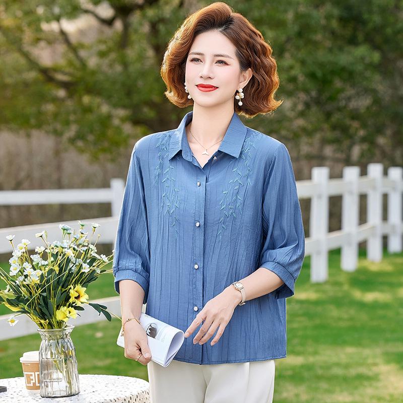 

Mom s Stylish Seven-Sleeve Tummy-Covering Shirt for Middle-Aged & Elderly Women 4XL синий