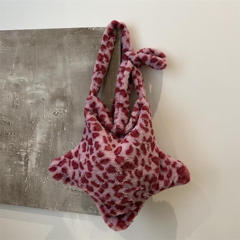 Star Leopard Print Plush Crossbody Bags for Women Furry Large Capacity Girls Shoulder Bag Vintage Tote Handbags Female Purse KTY