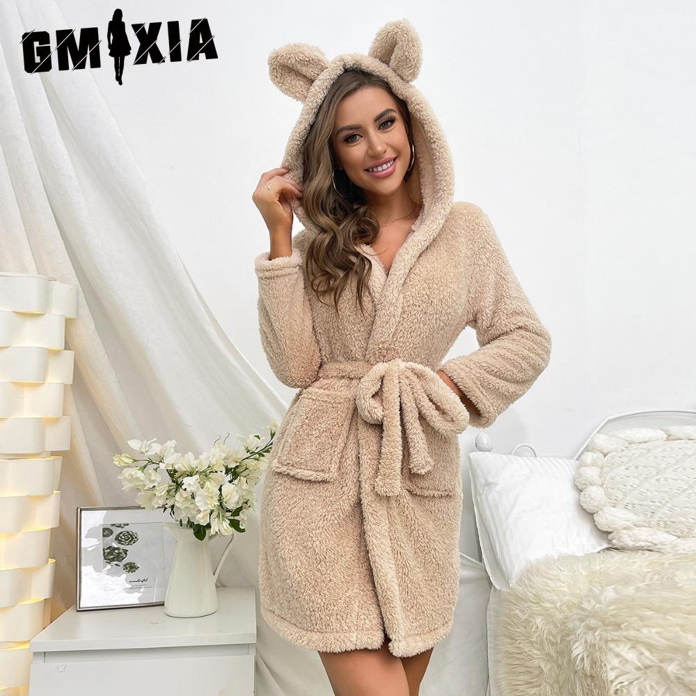 

GMXIA Women s Flannel Loungewear Robe Thickened Casual Simple Comfortable Bathrobe Hooded Tie Pajamas XL