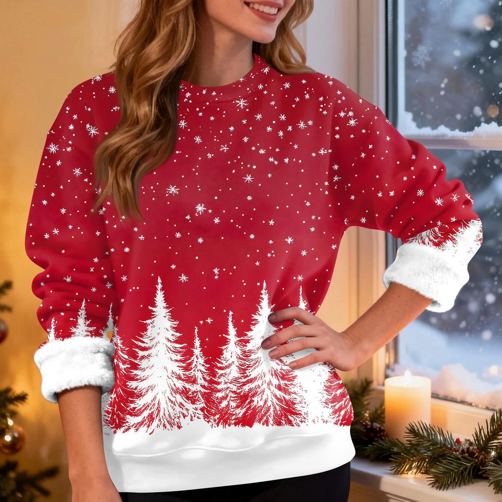 Women's Fashion Casual Long Sleeve Christmas Printed Round Neck Top Sweatshirt