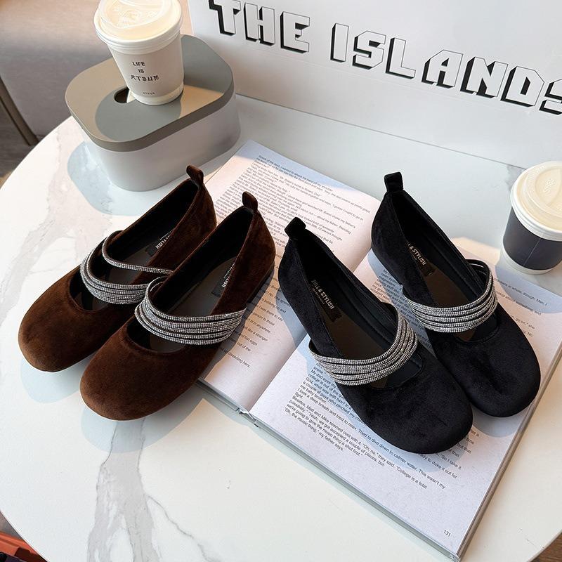 Gentle shallow mouth rhinestone soft sole single shoes flat Mary Jane shoes fattened and widened large size women's shoes