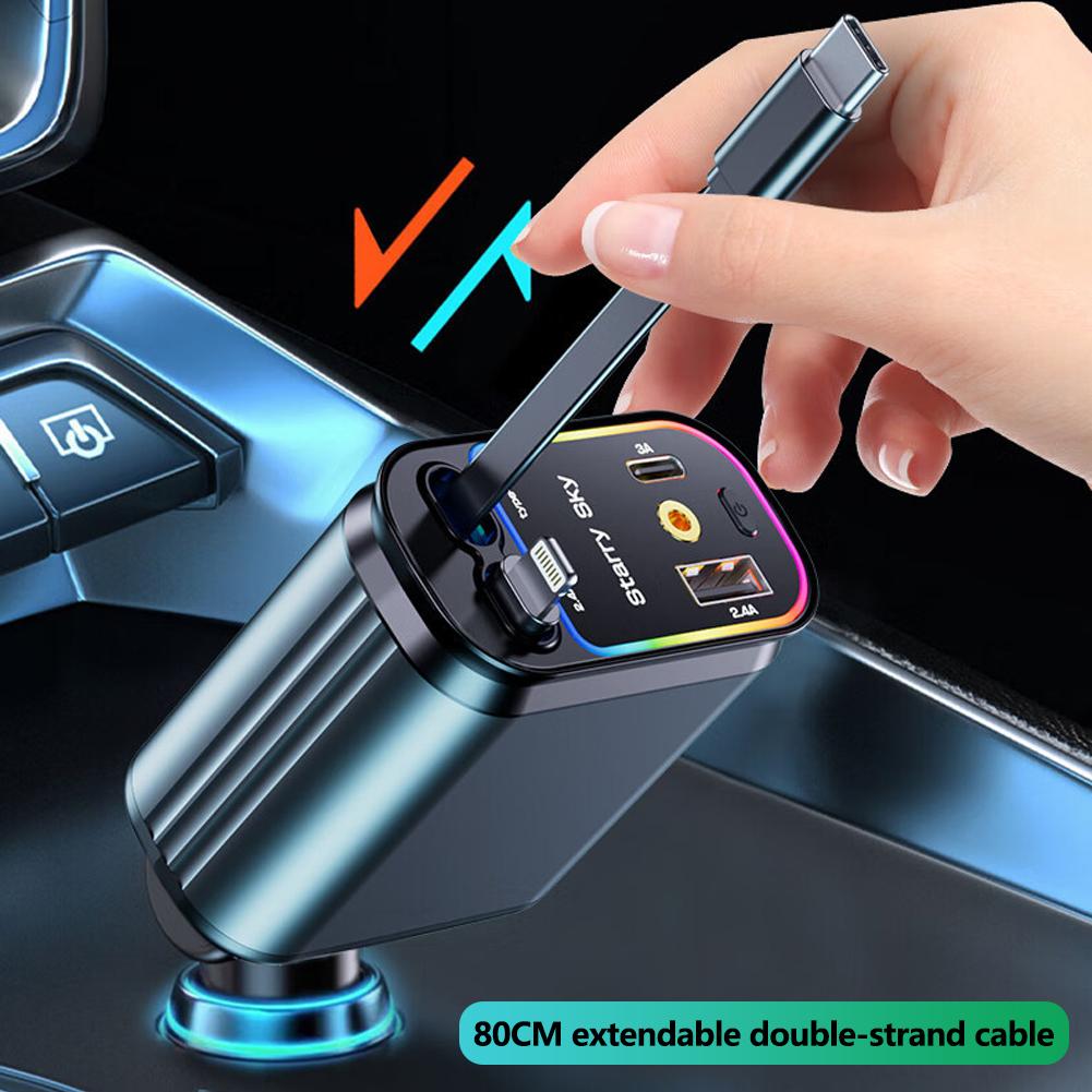 New Starlight Car Charger Adapter 120W Super Fast Car Phone Charger with Dual Retractable Cable USB Type C Cigarette Lighter