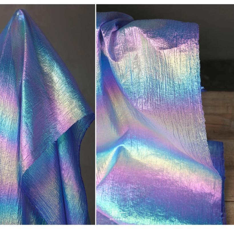 Laser Gradient Pearl Net Chiffon Fabric with Iridescent Crinkle Sheen for Stage Gown DIY Luxury Haute Designer Fabric