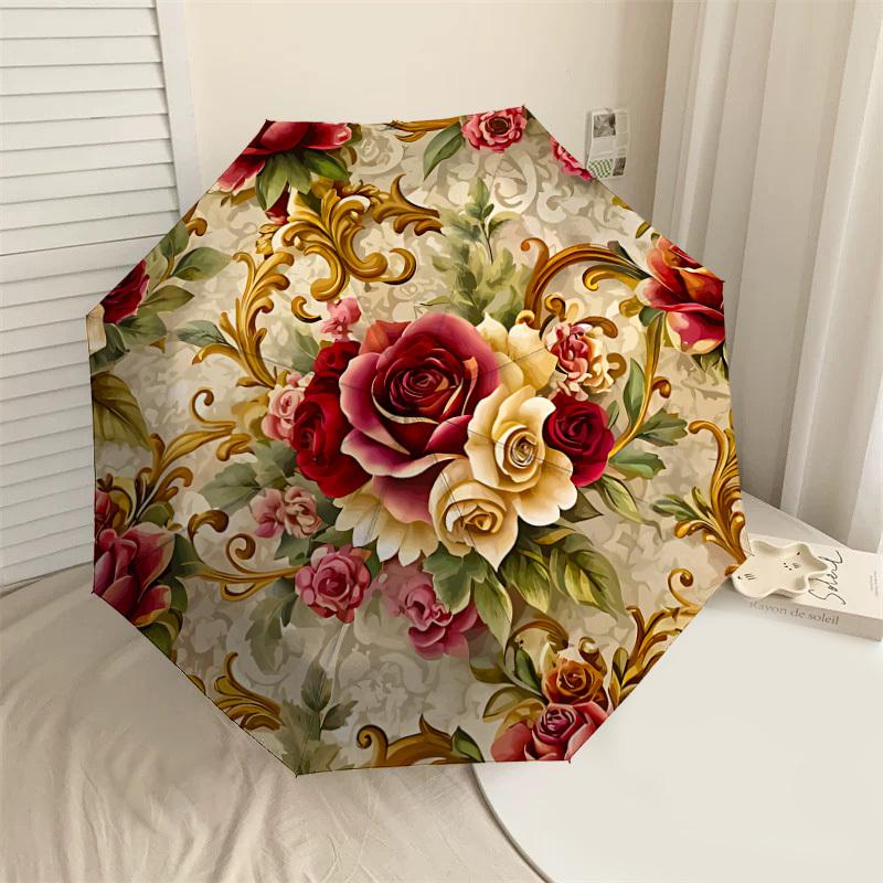 

1PC Floral Pattern Rose Automatic Open/Close Umbrella with Windproof, 8-Rib Sturdy Canopy, Durable Ribs, Fashionable Design,1293a