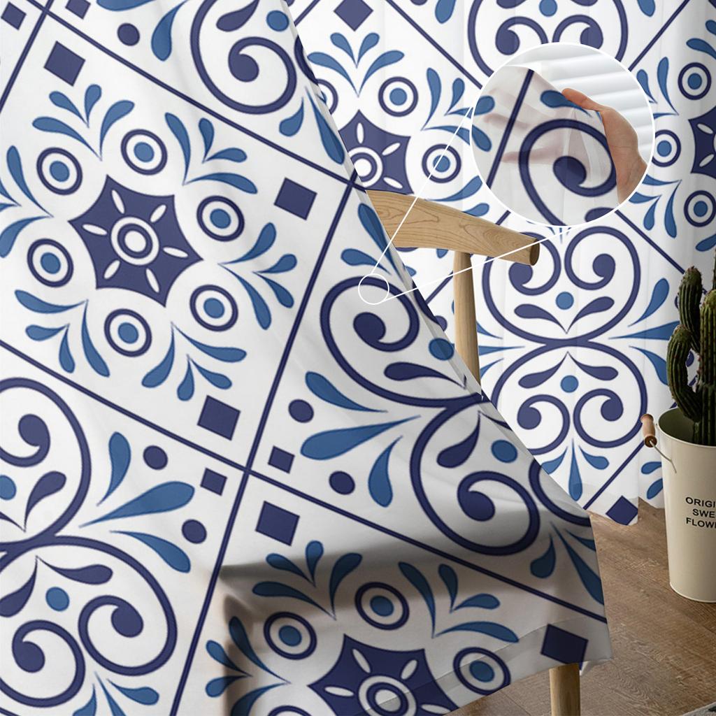 Klassische Vintage Blau-Weiße Keramikfliesen Transparente Vorhänge für Wohnzimmer Tüll für Fenster Voilegarn Kurze Schlafzimmervorhänge