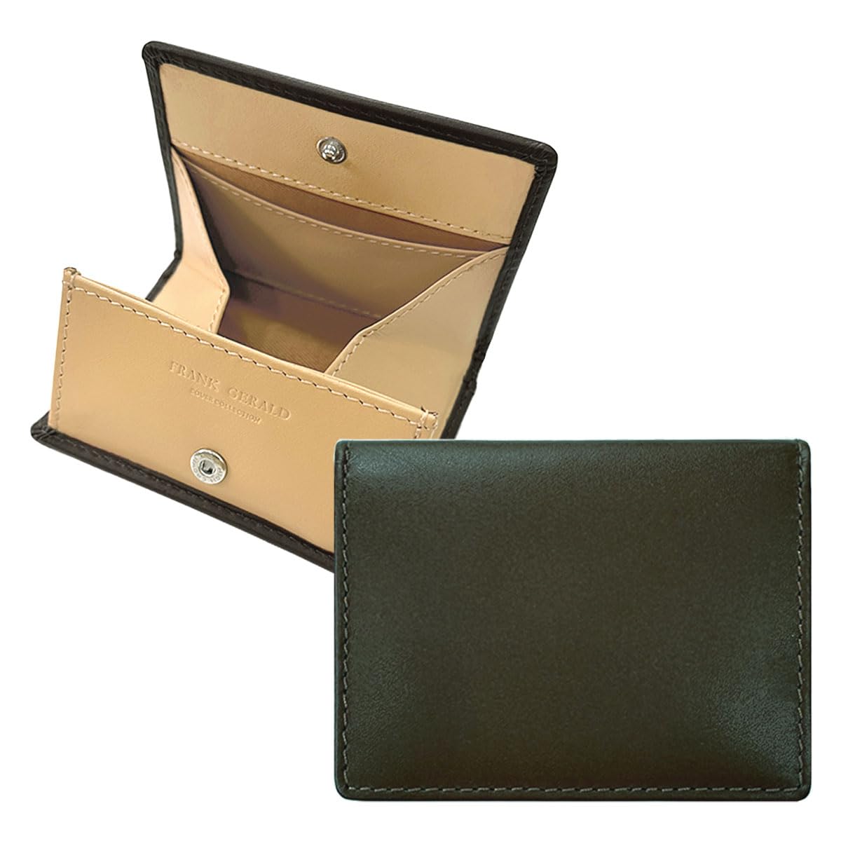 

Genuine Leather Coin Purse, Slim, Compact, Box-Shaped, Small, Visible, Card Slots, Snap Button, Men s (Orient Green)