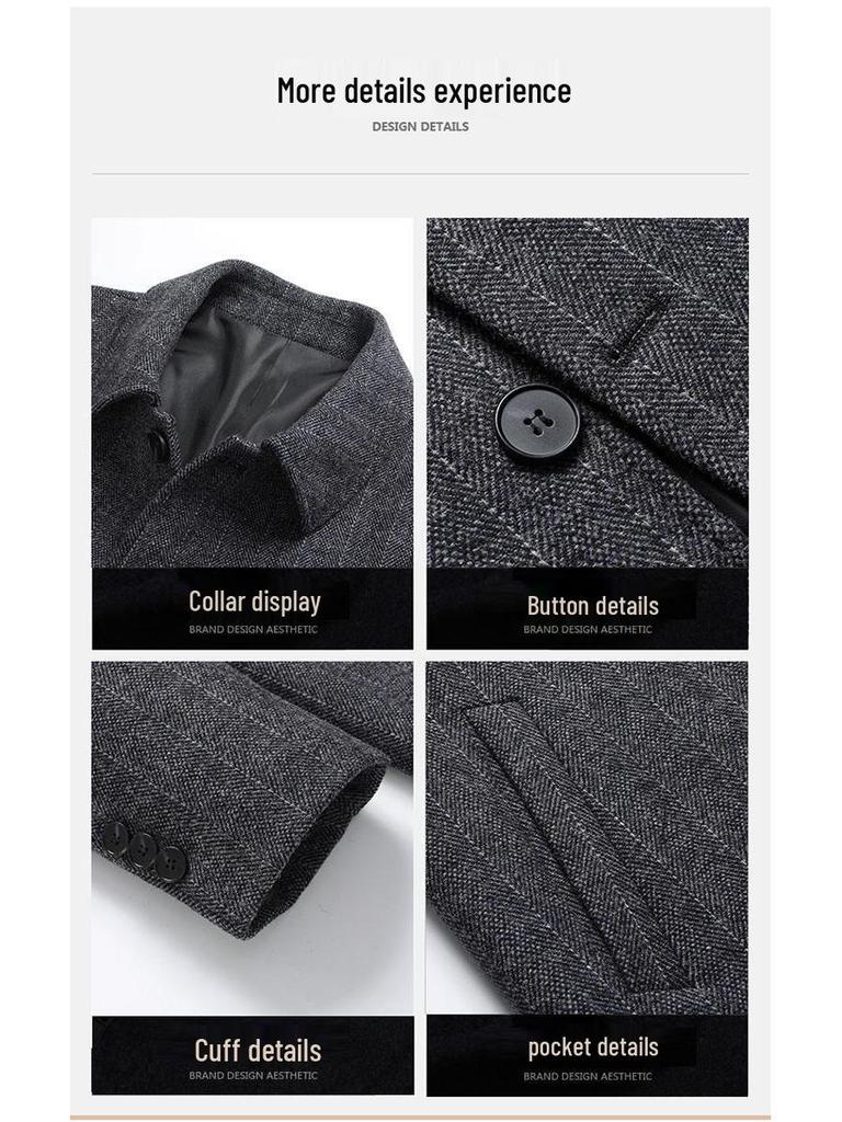 Men's Thickened Woolen Coat with Cotton Padding, Classic Striped Outerwear for Middle-Aged & Elderly, Dad's Style for Autumn/Winter.