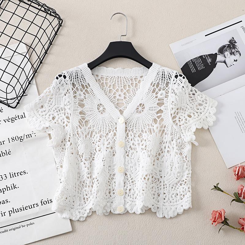 Sheer Crochet Top Short Sleeve Button Front V-Neck Open-knit Embroidery Blouse Women Summer
