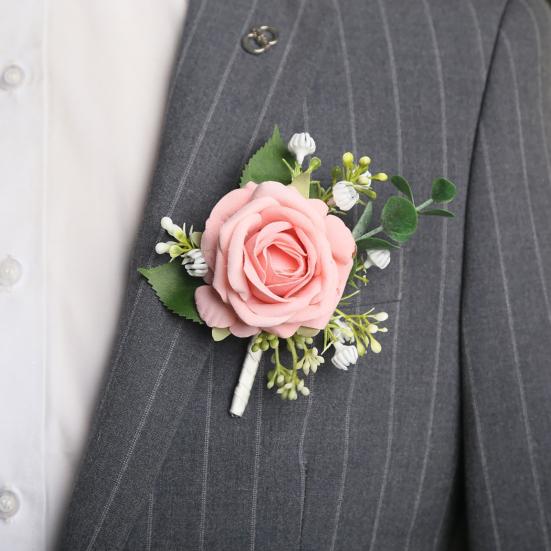 Suit Corsage Wedding Wristlet Band with Faux Pearl Embellished Simulated Roses Bride Groom Romantic Floral Accessories Prom Decoration