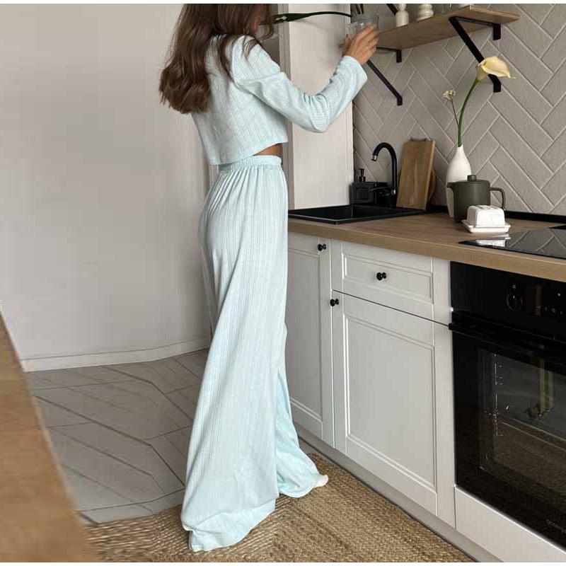 Casual Long Pants Set Woman Spring Summer V-neck Buttons Blouses Full Sleeve Elastic Waist Trousers Sets Female Solid Color Office Lady Suit
