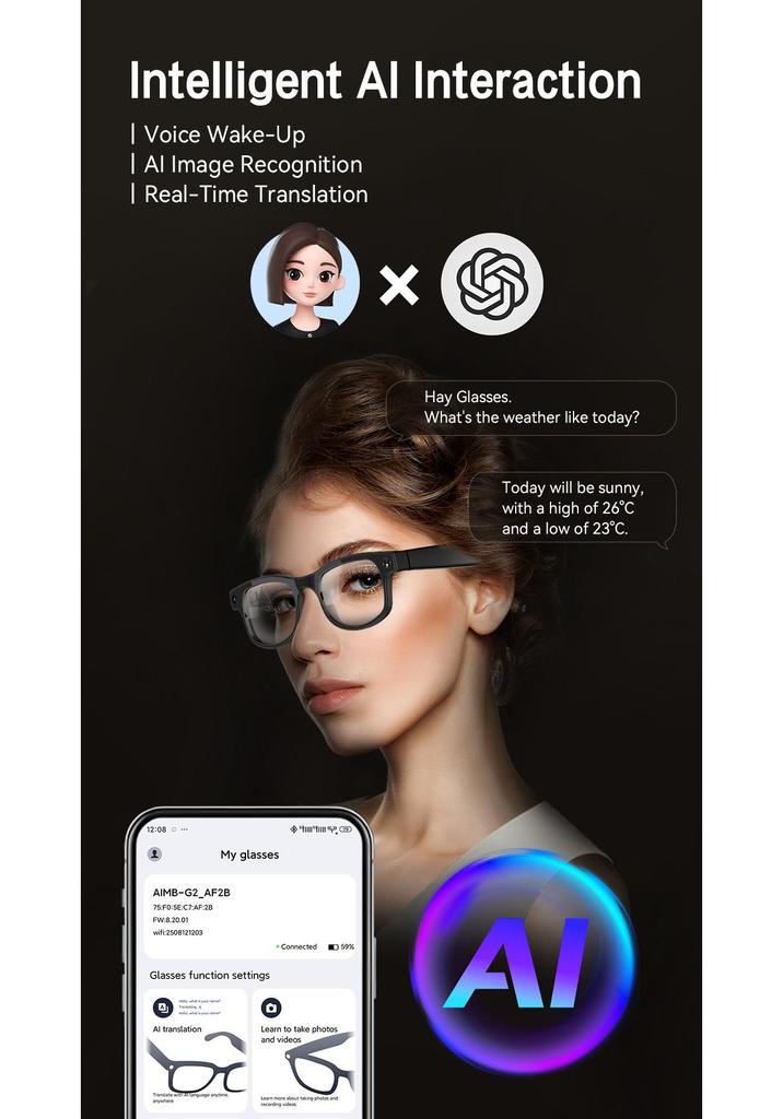 Smart AI Glasses: New Model with 8MP Camera, Anti-Shake Video, AI Translation, Music, Bluetooth