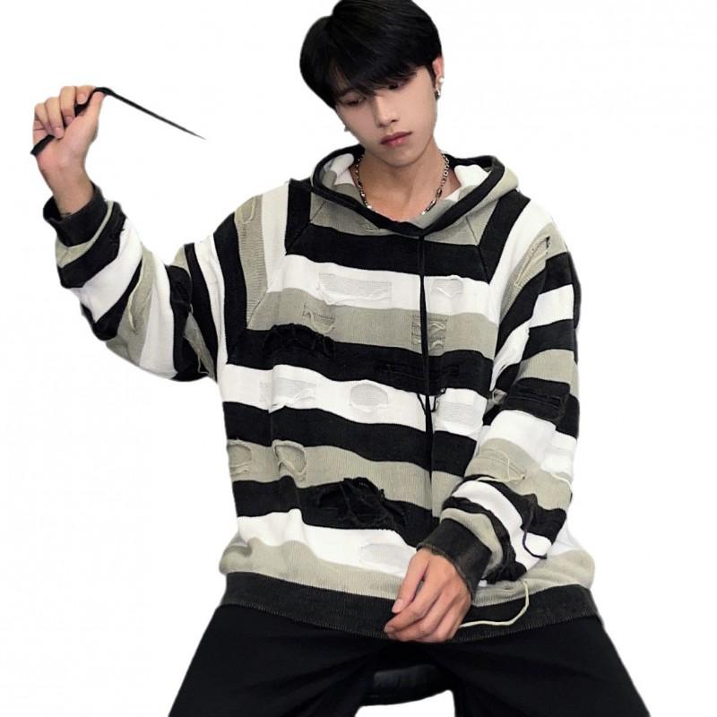 Unisex Oversized Knit Hoodie Sweater Casual Streetwear Striped Patchwork Cotton Blend Long Sleeve