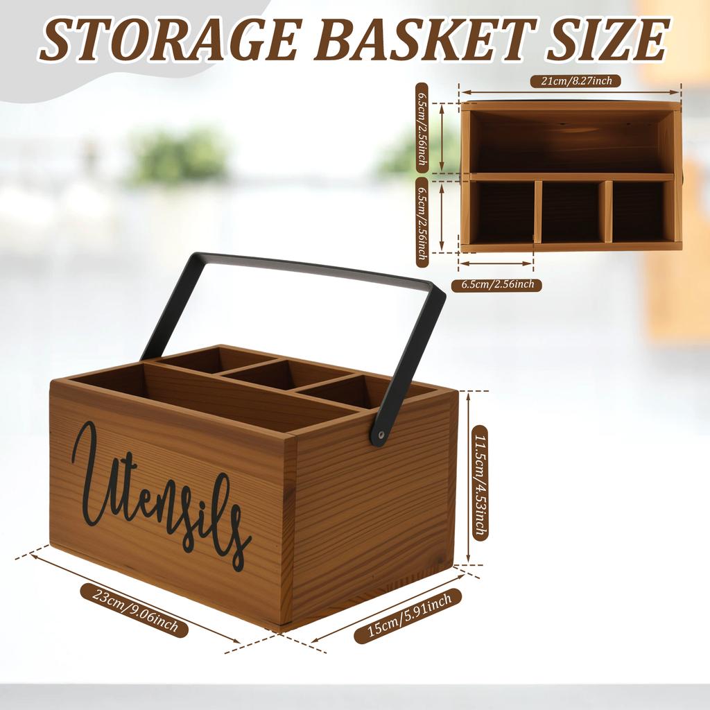 Wooden Tableware Storage Box with Handle and 4 Compartment Portable Silverware Storage Organization Box for Kitchen Counter