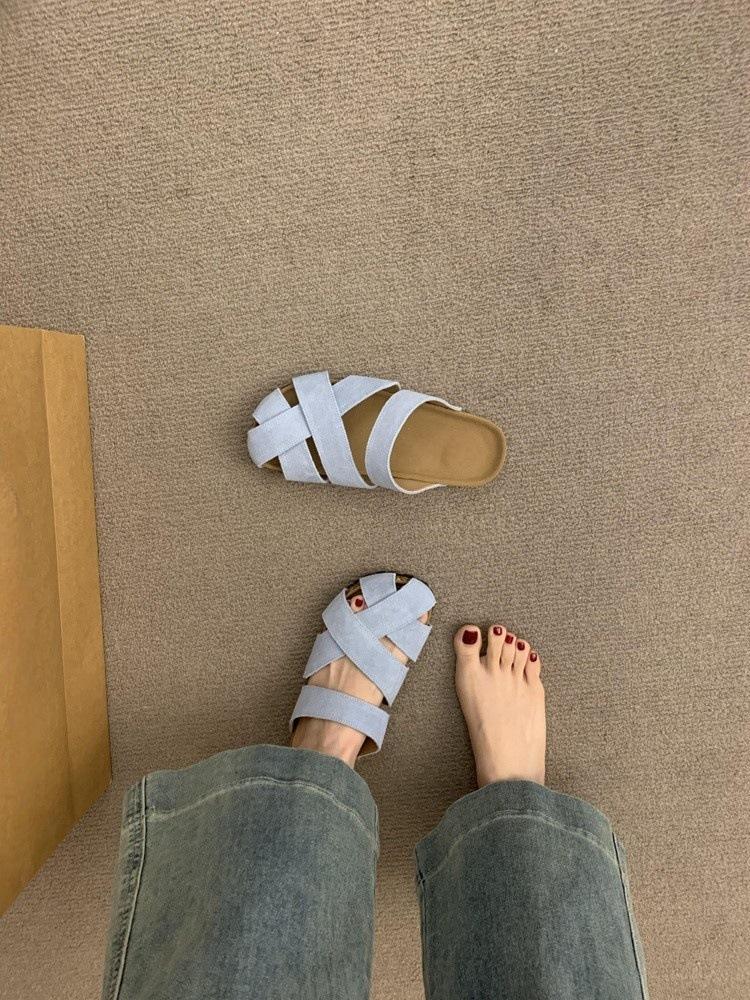 

Hollow thick-soled cork bag head half slippers women wear beach cool slippers in summer 35 светло-синий