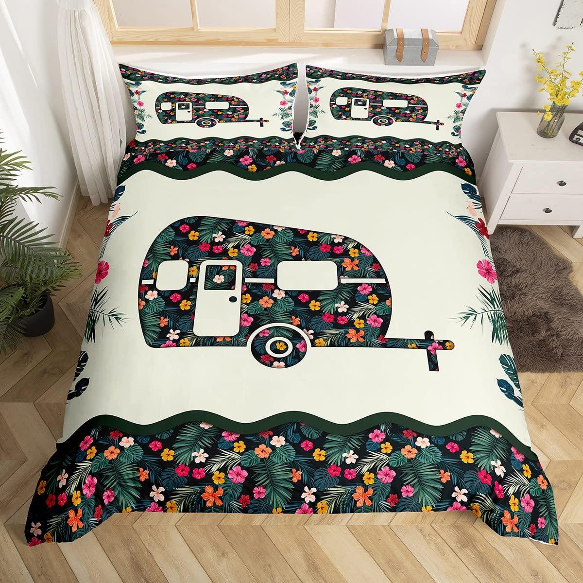 Camping Duvet Cover Lodge Cabin Camp Travel Car Bedding Set,Happy Glamping Trailer Comforter Cover Queen,Vintage Farmhouse Decor EU Single(135x200cm)
