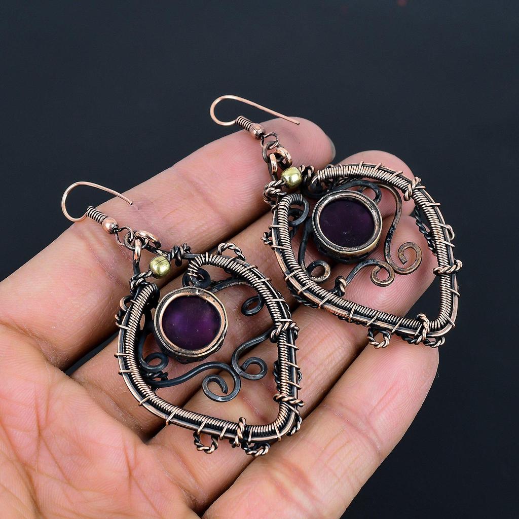 Amethyst Earrings Gemstone Jewelry, 999 Copper Wire Wrapped Earrings, Gift For Women Handmade Earrings