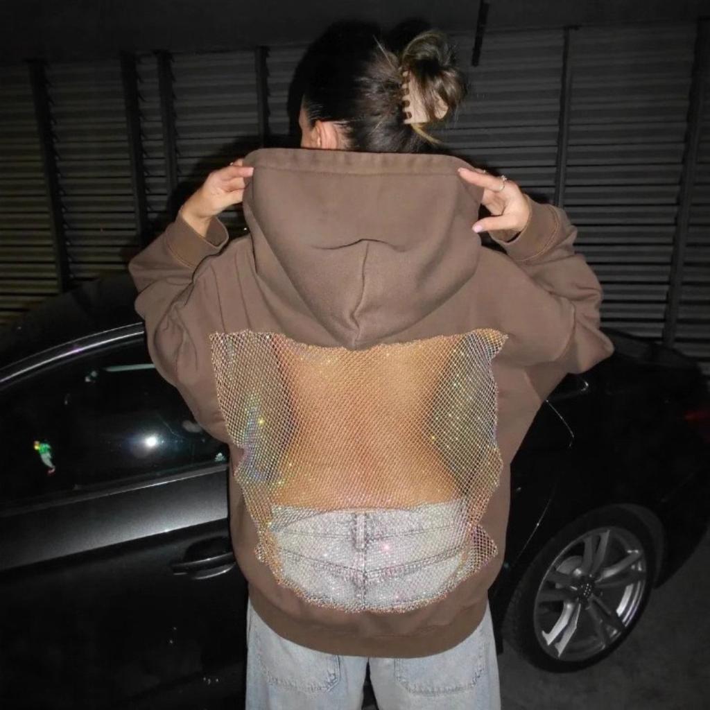 2KWEIRD American Gothic Sexy Sudadera con Capucha de Malla Hueca Y2K Ropa Moda Mujer Jersey Transparente Casual Manga Larga Chaqueta