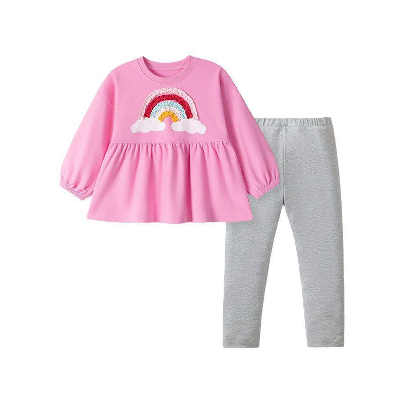 Girls' Sweet Rainbow Long-Sleeve Pullover Sweatshirt and Leggings Two-Piece Set, Baby Pure Cotton T-Shirt Autumn Outfit Trendy 3