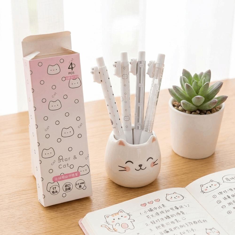 12 pcs/set 0.5mm Fine Tip Retractable Gel Pens Smooth Writing Black Kawaii Floating Cat Pens Quick Dry Ink Press-Type