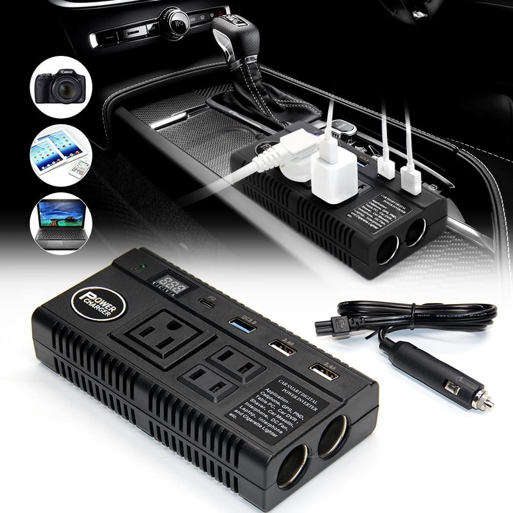 Inverter 24V 12V Car Inverter 120W Cigarette Socket Outlet USB Type-C Port Car Power Source Converts DC12V/24V to AC AC110V Camping Car Sleeping