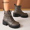 Platform Ankle Boots for Women Autumn Chunky Heel Lace Up Black Short Boots Women Buckle Strap Rivets Motorcycle Booties Size 35