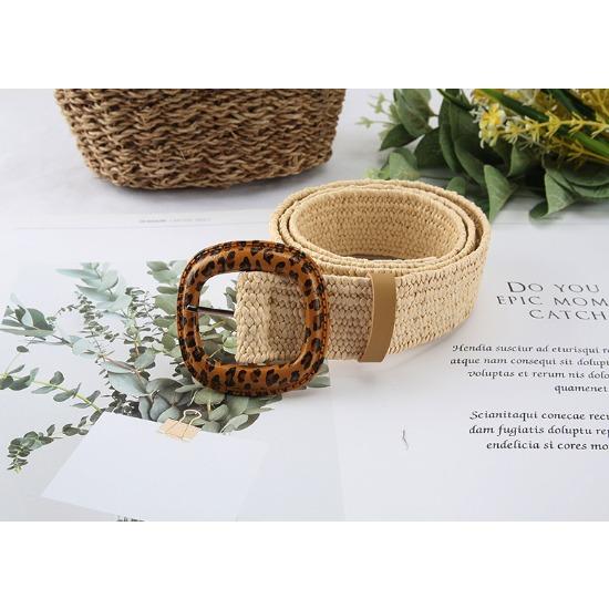 Pp Grass Woven Belt Women'S Retro Cotton And Linen Ethnic Style Dress Waist Seal Leopard Print Buckle Decorative Belt