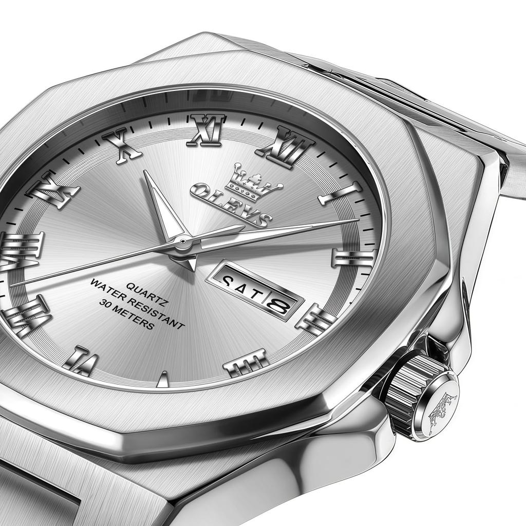 OLEVS Stylish Square Men's Business Watch Waterproof Luminous Quartz Date White Stainless Steel