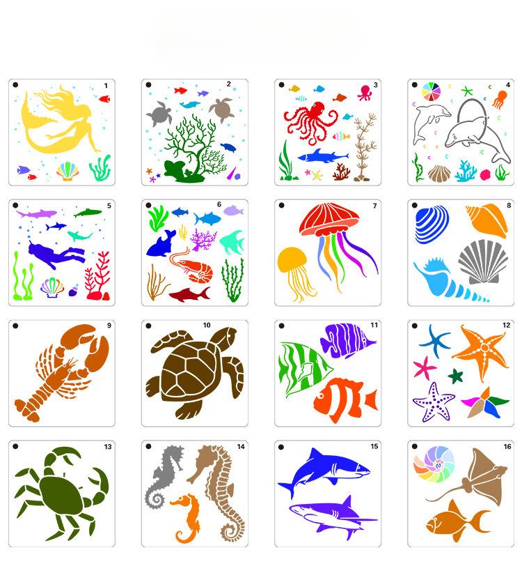 16 Sheets/set, Marine Creatures, Painting Templates, DIY Hand Drawn, Graffiti, Childlike Fun, Painting Tools, Plastic, Hollow Templates