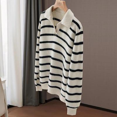 Sishe Damen Colorblock Gestreifter Polo-Strickpullover
