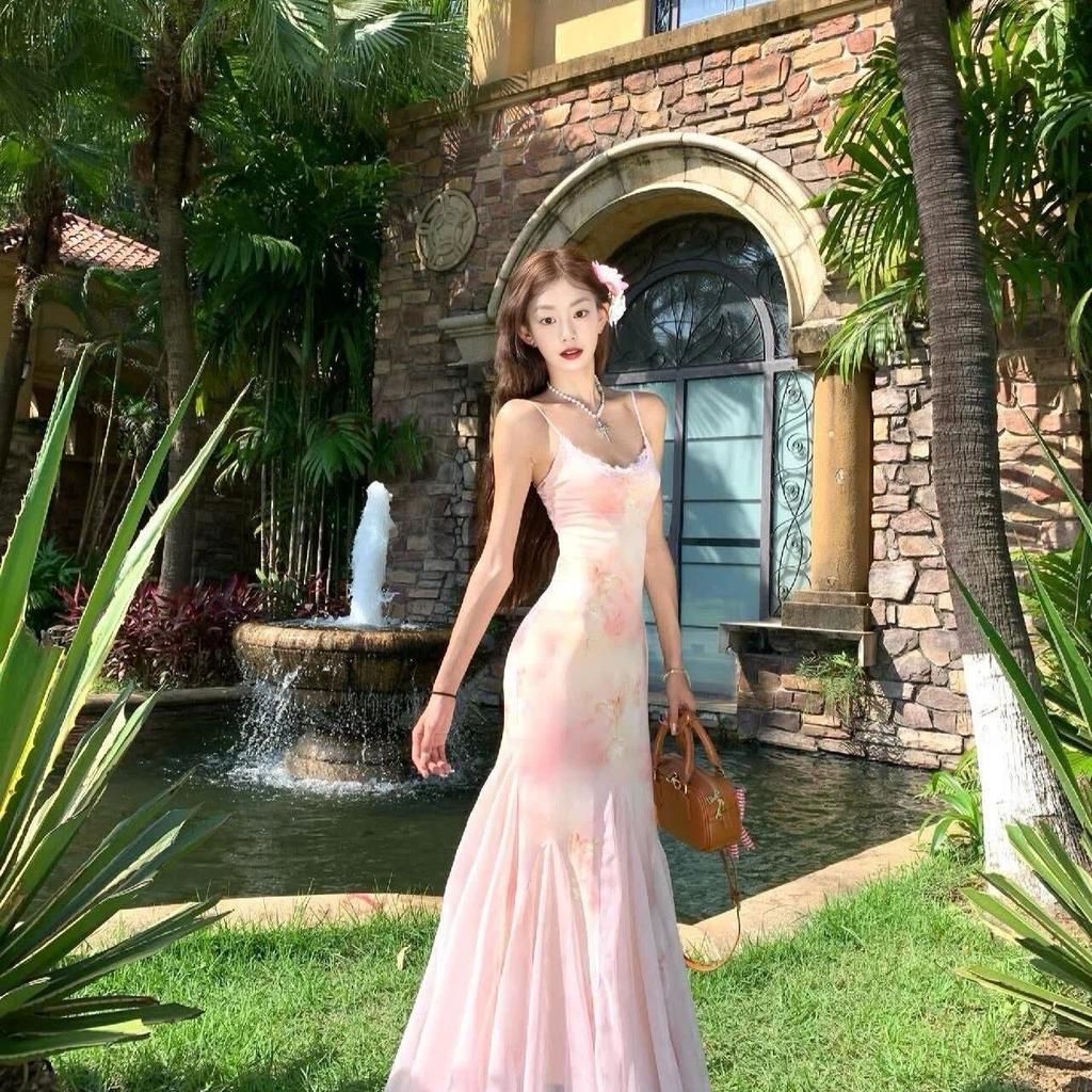 French Temperament Mesh Suspender Dress Slim Seaside Waist Fishtail Vacation Floral Fresh Long Dress Summer