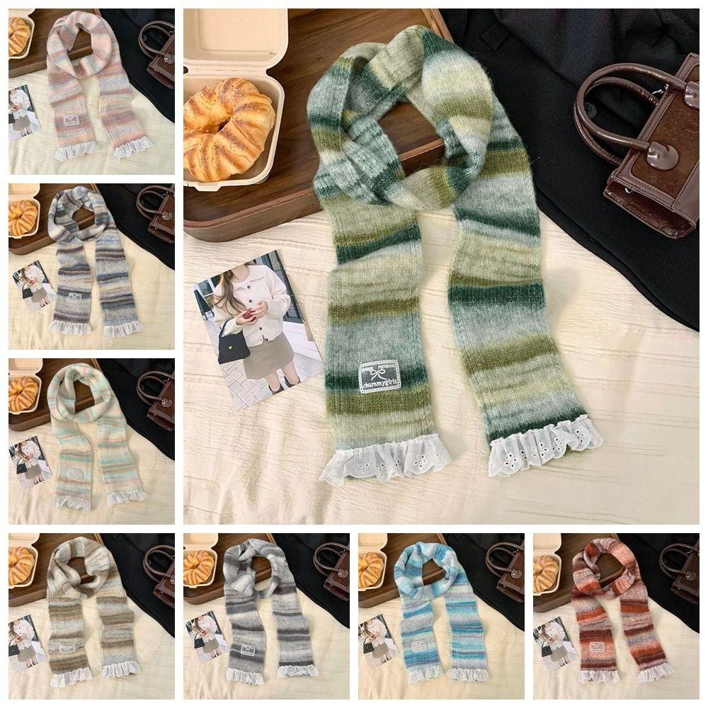 Lace Rainbow Striped Scarf Plush Winter Shawl Fashion Cashmere Knitted Scarf  Daily