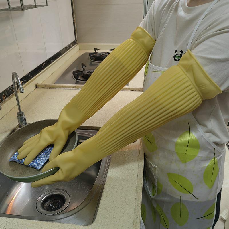 Extra Long Fleece-Lined Latex Dishwashing Gloves - Durable, Thickened Rubber for Household Cleaning