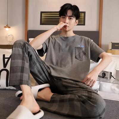 Conjunto de 2 piezas Talla Grande Hombre Pijama Algodón Rayado Manga Corta Pantalón Largo Ropa de Dormir Cuello Redondo Jersey Cuadros Ropa para el Hogar